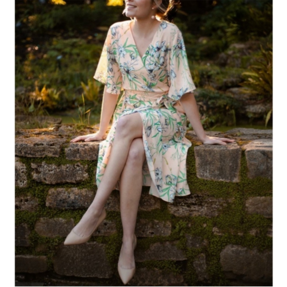 Betabrand Green Cream floral wrap midi dress women S boho event festival party